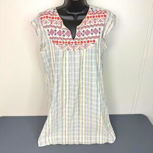 Andree by UNIT Tunic Womens Medium Blue White Striped Embroidered Boho 93203